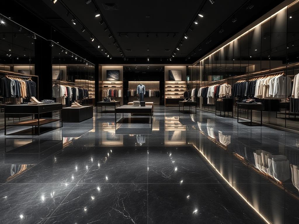 Boutique premium avec sol en résine époxy sombre à reflets et présentoirs design