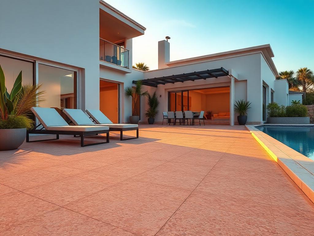 Terrasse extérieure de villa avec revêtement en résine quartz au coucher du soleil