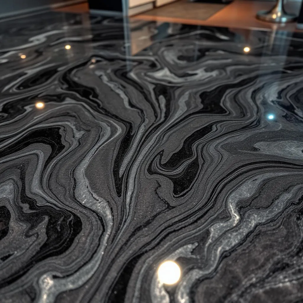 Détail d'un sol en résine métallisée aux reflets profonds