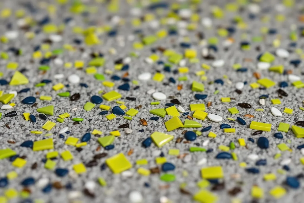 Détail macro d'un sol décoratif en flakes et quartz colorés