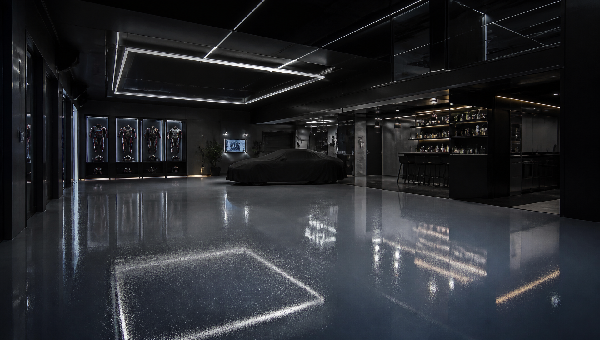Garage premium avec sol en résine brillante et éclairage LED, visuel d'illustration GIC RS Tech