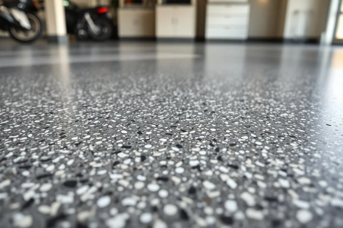 Sol en résine flake anthracite dans un garage résidentiel