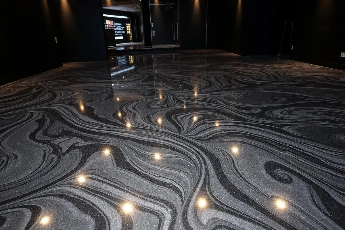 Sol en résine métallisée à effets graphite dans un showroom