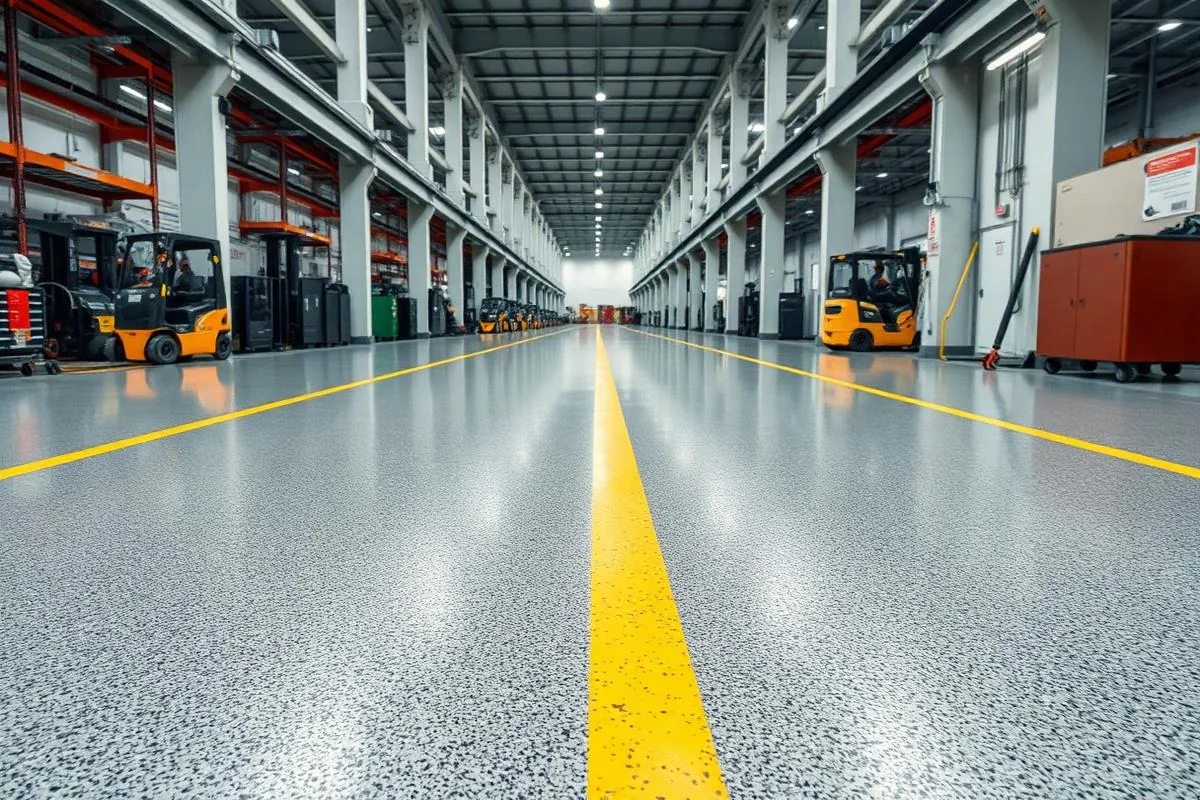 Sol en quartz coloré antidérapant dans un entrepôt professionnel